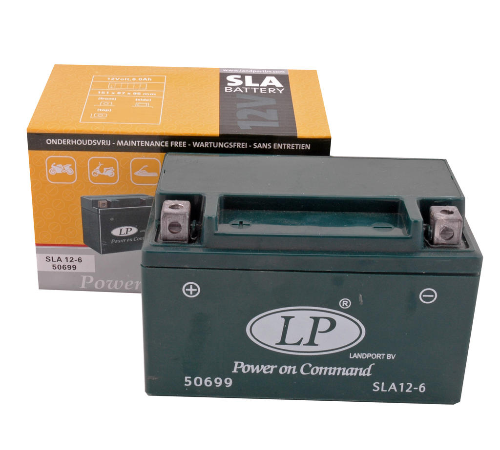 Landport YTX7A-4 /SLA12-6 (SLA-versie van YTX7A-BS). Onderhoudsvrije SLA accu voor vrijwel alle 50cc 4T-scooters (o.a. China GY6 / Sym / Peugeot / AGM / BTC / Turbo / GTS / enz.) (152x88x94mm). Gesloten en geactiveerde accu zonder los zuurpakket.