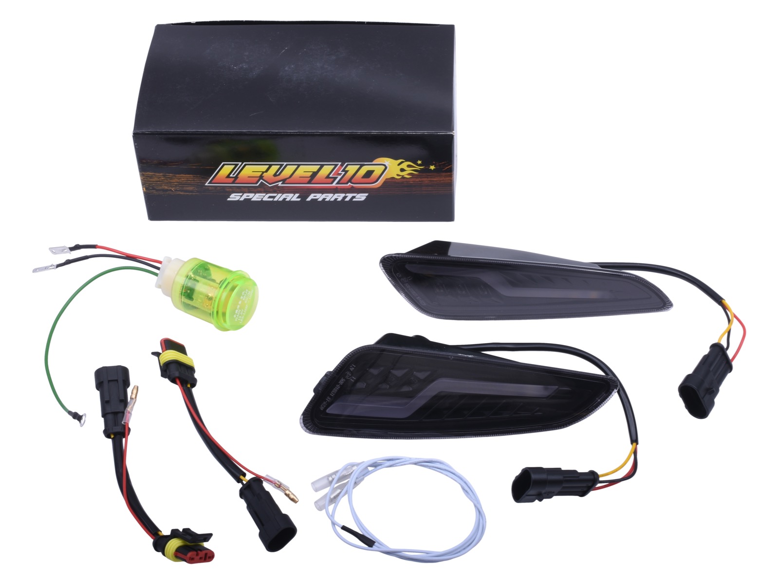 Richtingaanwijzer / knipperlicht set voorzijde LED bliksemschicht in zwart / smoke / getint met SQ = sequentieel (Audi / Lexus lopende / flow / dynamic lichten) | Vespa Primavera / Sprint