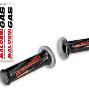 Handvatset Malossi met logo.  Geschikt voor Piaggio / Vespa / Derbi . Zwart. Bestand tegen UV-stralen . Binnenflens versterkt om trillingen te elimineren.